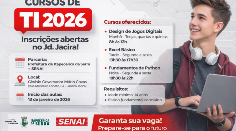 Itapecerica da Serra abre inscrições para cursos gratuitos de Tecnologia da Informação no Jardim Jacira
