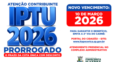 Itapecerica da Serra prorroga prazo da parcela única do IPTU 2026 e reforça alerta aos contribuintes
