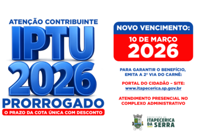 Itapecerica da Serra prorroga prazo da parcela única do IPTU 2026 e reforça alerta aos contribuintes