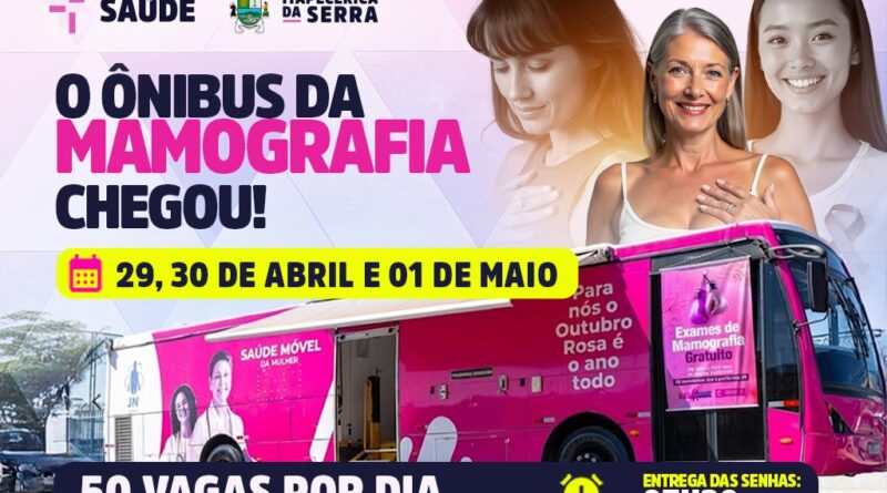 Ônibus da Mamografia oferece atendimentos gratuitos nos dias 29, 30 de abril e 01 de maio
