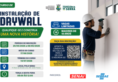 Itapecerica da Serra abre inscrições para curso gratuito de Instalação de Drywall em Itapecerica da Serra
