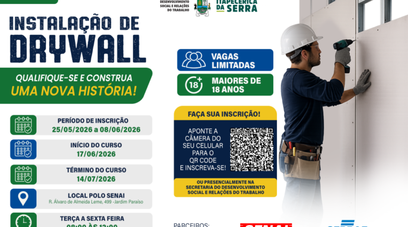 Itapecerica da Serra abre inscrições para curso gratuito de Instalação de Drywall em Itapecerica da Serra