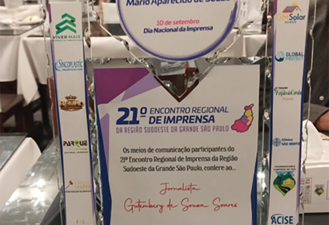 Prêmio Jornalista Professor Mario Aparecido de Souza marca 21º Encontro Regional de Imprensa